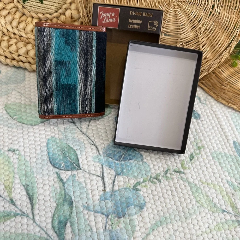 New Tony Lama Tri-Fold Wallet RFID Blue Aztec Canvas Leather Cowboy Western